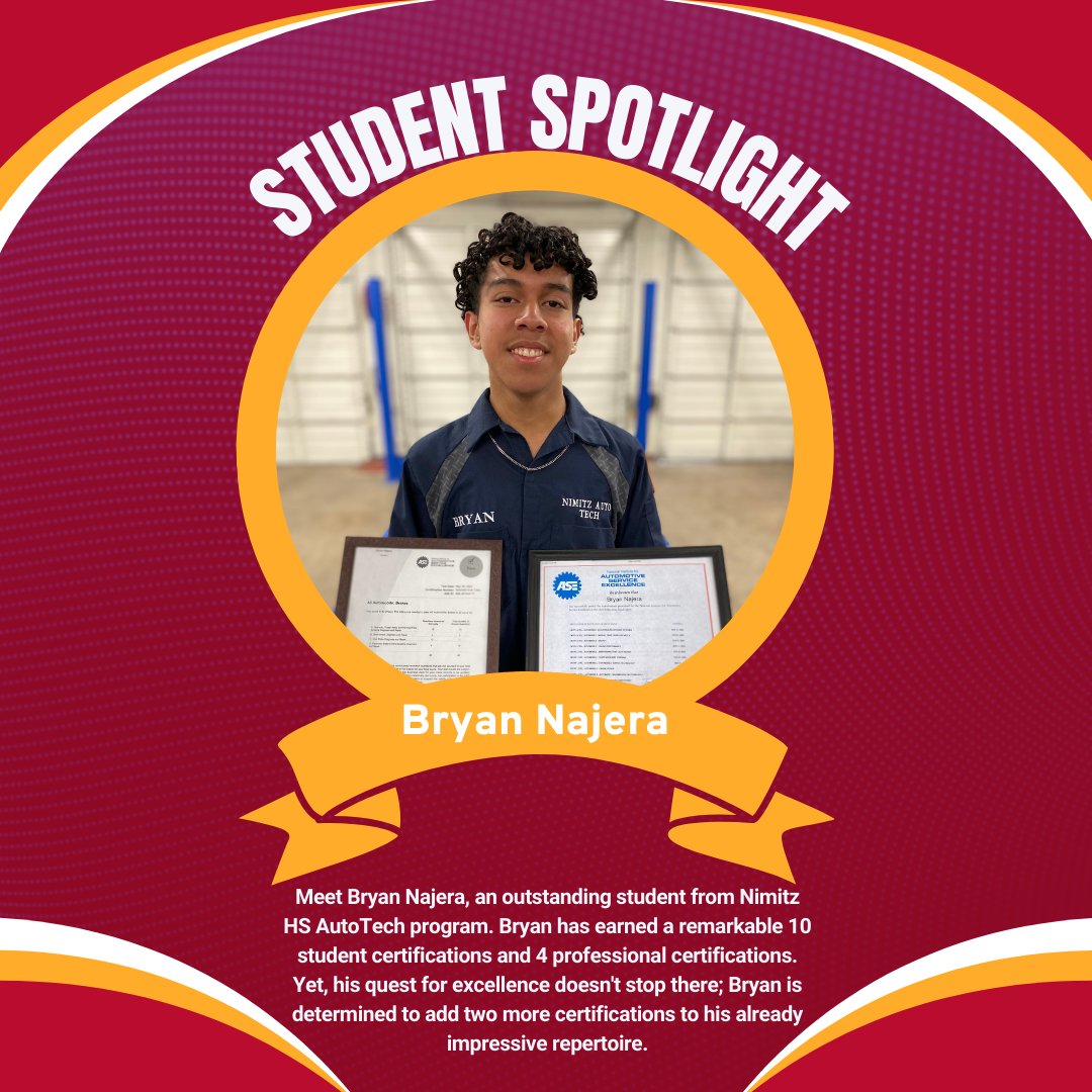 Meet Bryan Najera, a remarkable student from Nimitz HS AutoTech program. Bryan has earned 14 certifications - 10 student and 4 professional. He's pursuing two more. #MyAldine
