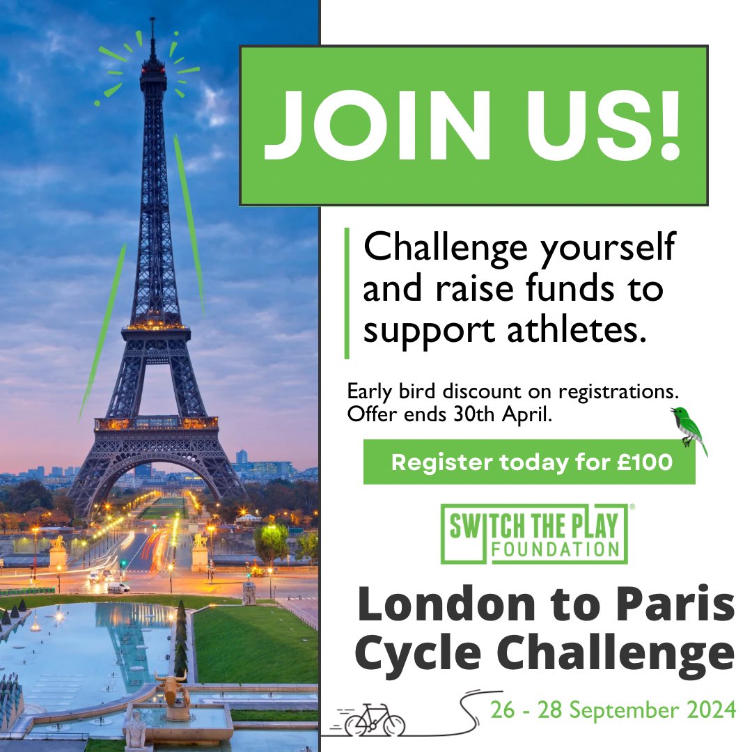 Join us this #Autumn for the cycle challenge of your life! 🚴‍♂️👇 We are now taking signups for our #London to #Paris Cycle Challenge to raise money for the charity. 👉If you sign up in April we will half your registration fee to just £100 🤯 All info - switchtheplay.com/events/london-…