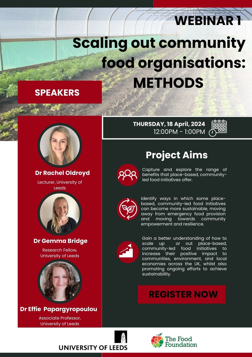 📽️ We're holding a series of webinars exploring how to scale up community-led food initiatives in partnership with @UniversityLeeds The first event (on Thu, April 18) features speakers @glbridge1 @r_oldroyd @effers1 and @drshellm Sign up here: ➡ bit.ly/3vteJfP