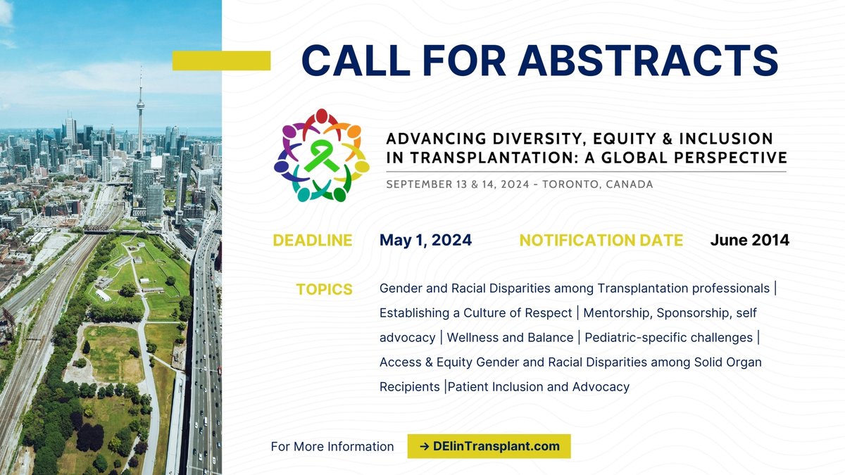 🚨 CALL FOR ABSTRACTS - OPEN NOW Don't miss your chance to be part of groundbreaking discussions at #DEIinTransplant2024. Join the leaders shaping the future of diversity, equity, and inclusion in transplantation. 🔗Submit now bit.ly/4aAwLf5
