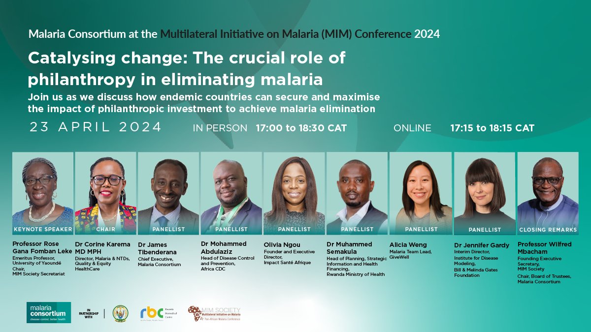 We're excited to share our speakers for a though-provoking panel event: ‘Catalysing change: The crucial role of philanthropy in eliminating malaria’ at #MIM2024 on Tuesday 23 April 2024! Find out more: malariaconsortium.org/pages/mim-2024…