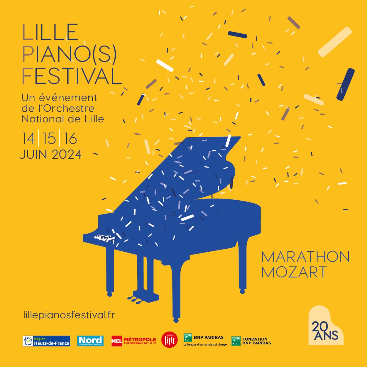 🎂 On fête les 20 ans du #LillePianosFestival cette année ! 🏃Avec notamment, un marathon Mozart, des concerts jazz, classique, musique du monde, ciné-concerts, jeune public... On vous en dit + très bientôt ! 🎟️ Ouverture de la billetterie le 15 avril à 10h !