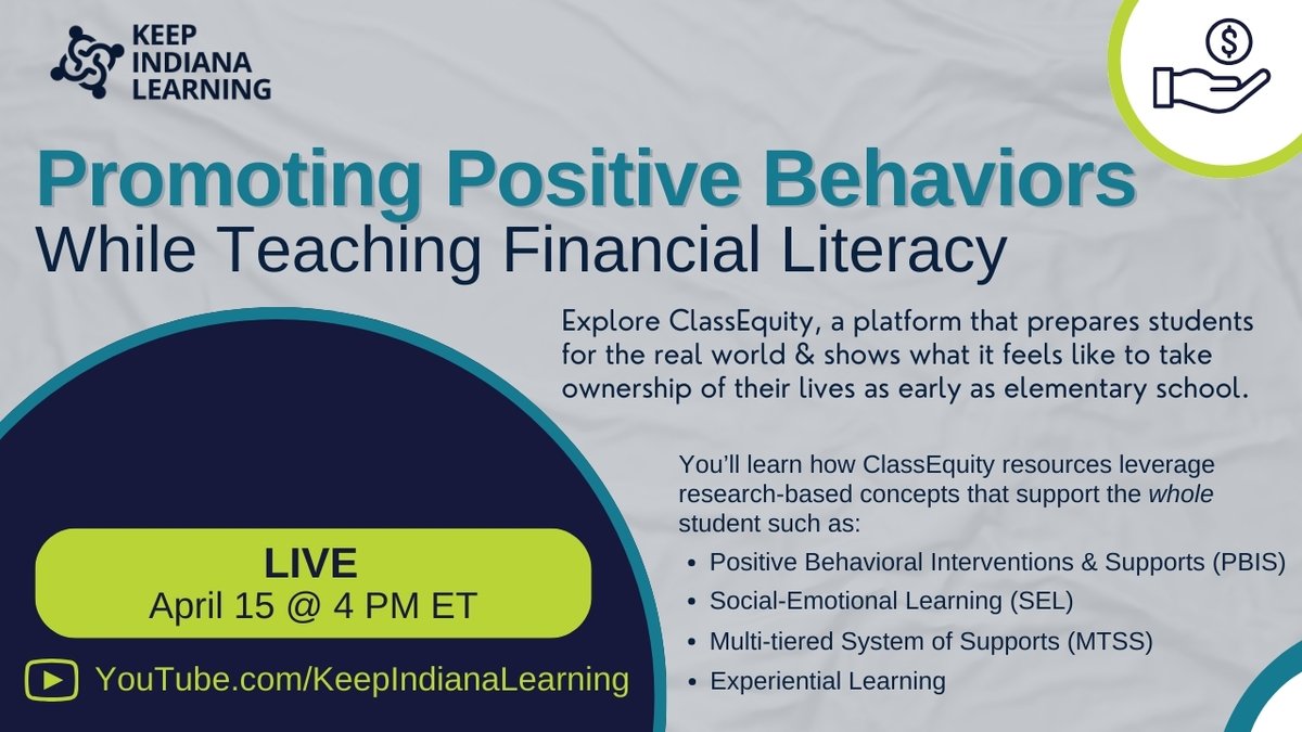 KeepINLearning's tweet image. April is Financial Literacy Month &amp;amp; today is Tax Day!  Fitting #VirtuallyDifferent Digital Learning Coach @JessicaZepik is sharing the @Class_Equity_ platform. Check out the livestream this afternoon! YouTube.com/KeepIndianaLea…