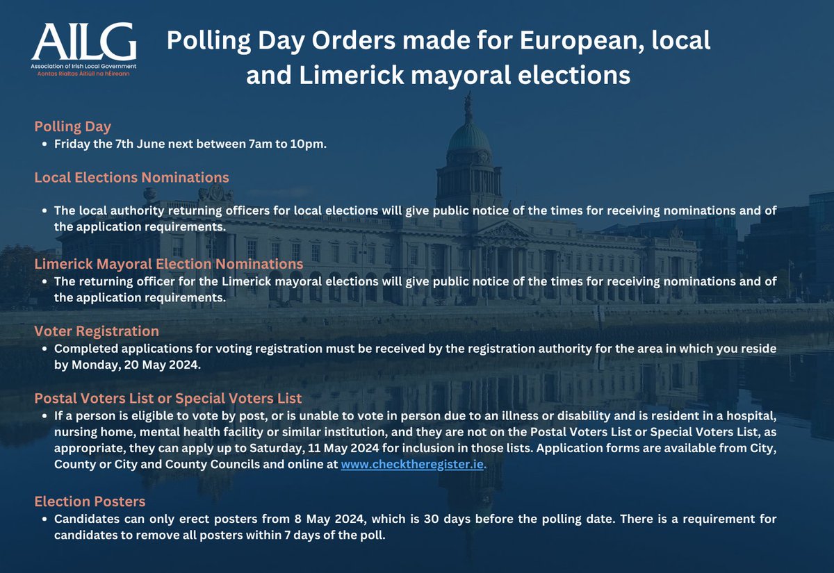 Today Minister @DarraghOBrienTD has made orders appointing Friday, 7 June 2024 as the polling day and the hours of 7:00am to 10:00pm to be the hours of polling at the European Parliament, local and Limerick mayoral elections. Full outline of details in infographic below ⬇️