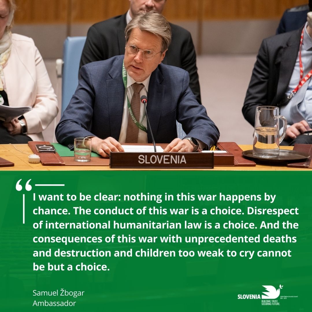 Slovenia called for today’s #UNSC mtg with 🇩🇿🇬🇾🇨🇭 because we wanted to amplify the crucial role of humanitarian workers in getting help to the people in need in #Gaza. We condemn all attacks on humanitarian, medical and UN personnel in Gaza & call for accountability.