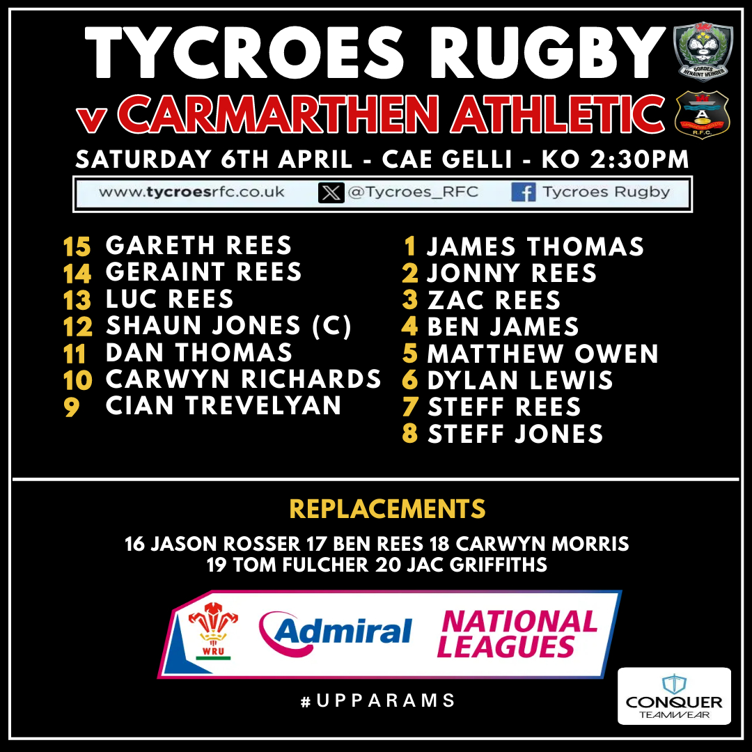 🚨 𝗧𝗘𝗔𝗠'𝗦 𝗨𝗣 🚨 Here's how we lineup for tomorrow's Admiral 2 West encounter 🆚 Carmarthen Athletic 🏡 Penultimate home game of the season 5⃣ Changes from last weekend 🪄 Dan Thomas returns | Gareth Rees wears 15 ©️ Shaun Jones captains the side