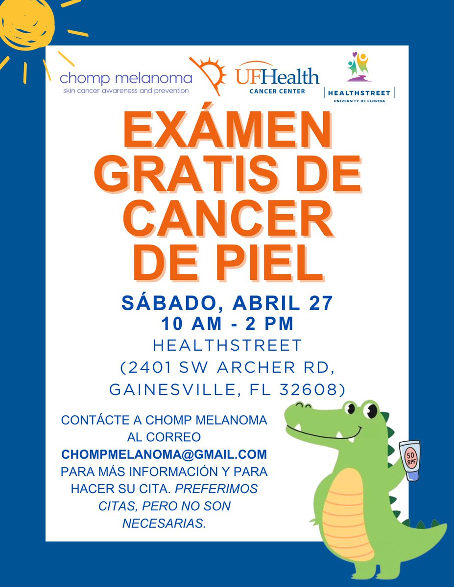 📢 Calling all community members! Join @UFHealthStreet and CHOMP Melanoma on Saturday, April 27, for a free skin cancer screening. Please contact chompmelanoma@gmail.com to make an appointment. Walk-ins are also welcome.