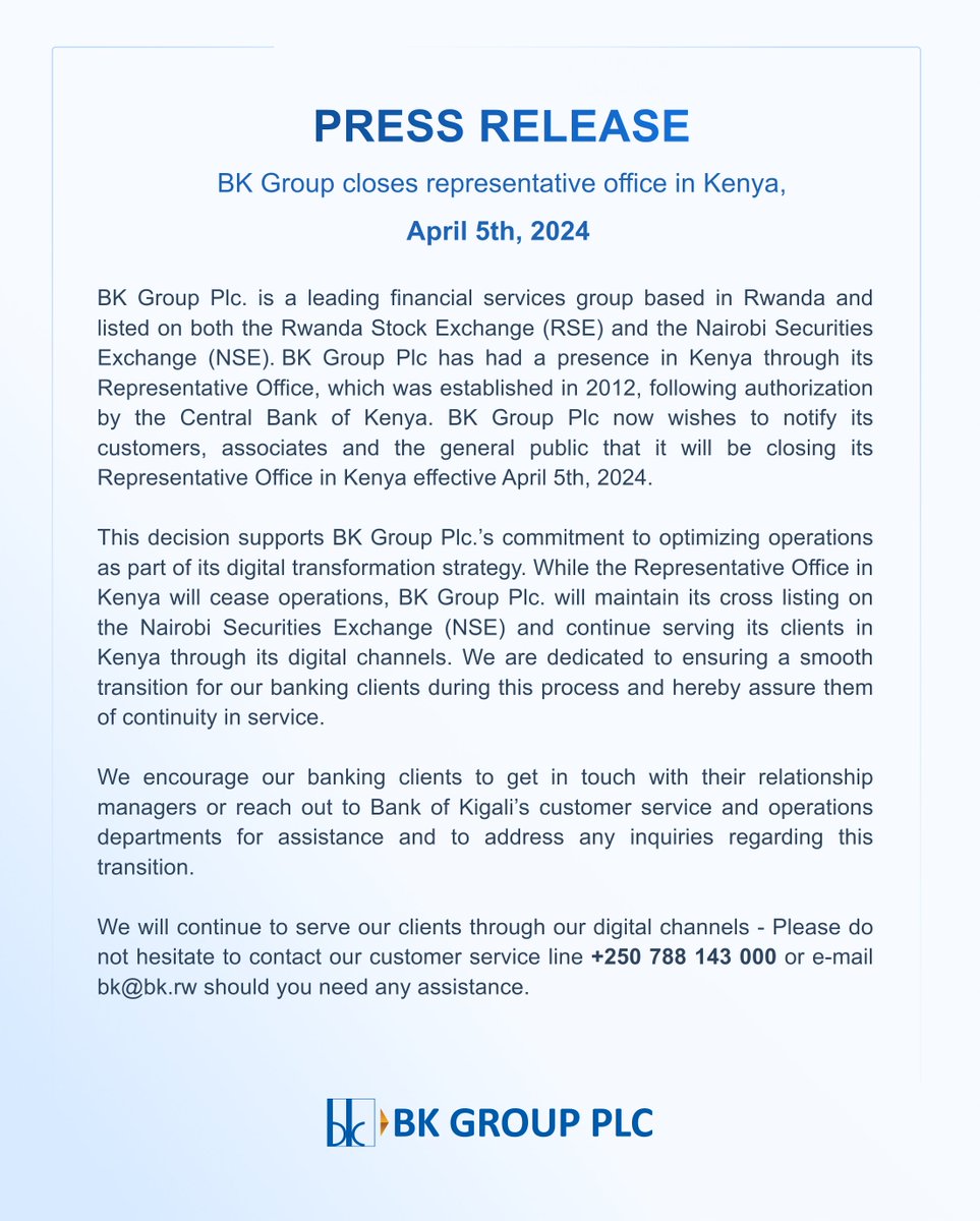 Important Notice: To our valued customers in Kenya, we're closing our Representative Office as part of our digital transformation strategy. Rest assured, we're here for you through our digital channels. For assistance, contact us at +250 788 143 000 or bk@bk.rw. Thank you for…