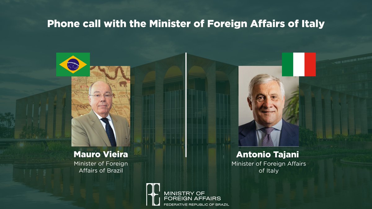 Today Minister Mauro Vieira 🇧🇷 spoke on the phone with the Minister of Foreign Affairs and International Cooperation of Italy 🇮🇹, @Antonio_Tajani. They discussed bilateral issues and the work of 🇧🇷 as @g20org chair and of 🇮🇹 in the @G7 presidency. @ItalyMFA