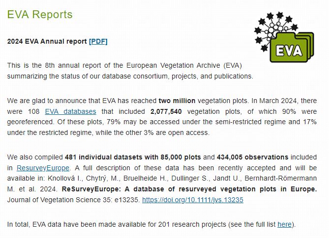 We have just published a new annual report of the European Vegetation Archive. More than 2 M vegetation plots are in the core EVA databases and another 434 K plot observations in ReSurveyEurope, a database of resurveyed and permanent vegetation plots. euroveg.org/eva-database/r…