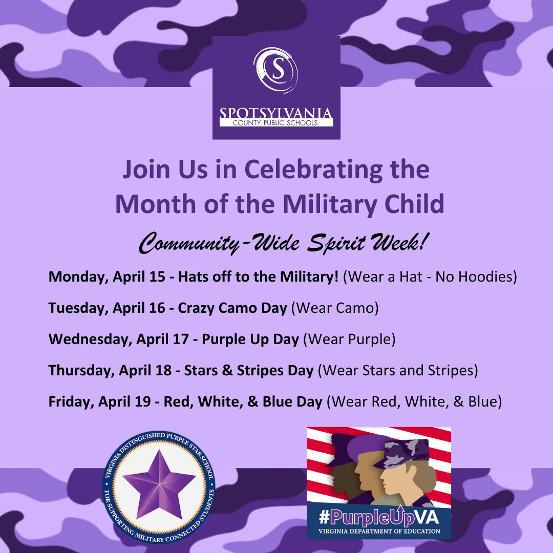 April is the Month of the Military Child! To celebrate, we are hosting a community-wide spirit week! #wearespotsy