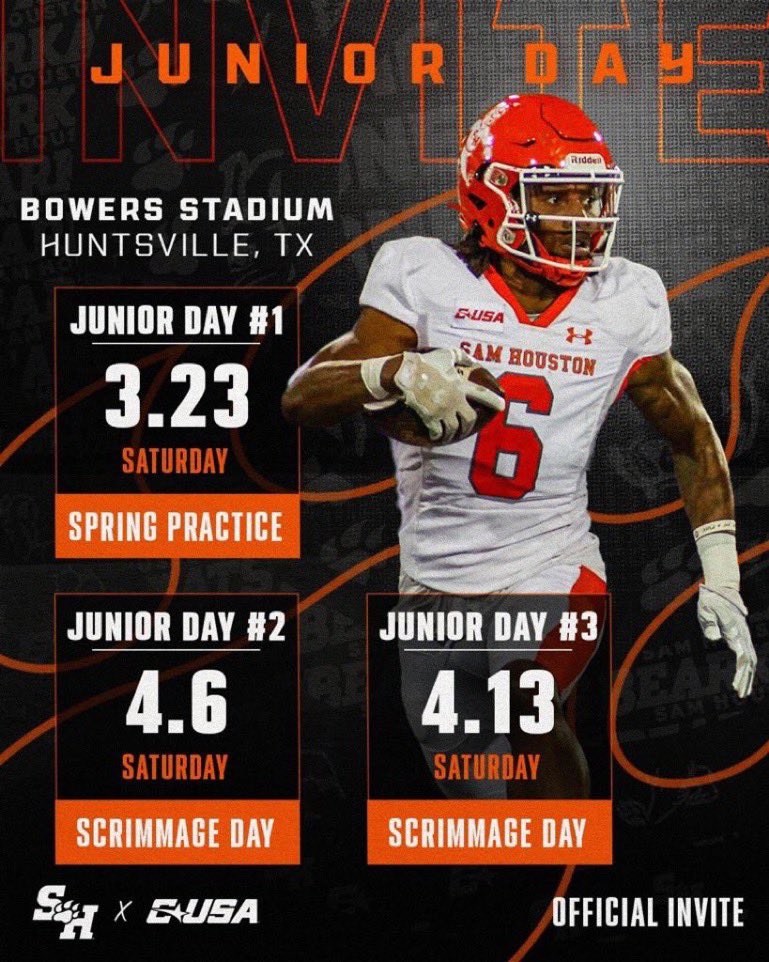 Thank you @treyee__ for the Junior Day invite, can’t wait to get out to Huntsville to see what Sam Houston State is all about !! @CHSSpartanFB @BearkatsFB