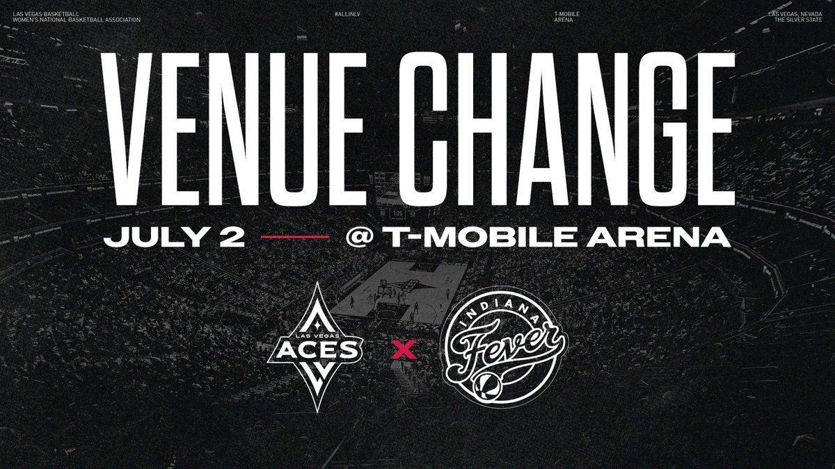 Las Vegas Aces (@lvaces) on Twitter photo 🚨 𝗩𝗘𝗡𝗨𝗘 𝗖𝗛𝗔𝗡𝗚𝗘 🚨
Our July 2nd game against the Indiana Fever will now be played at <a href="/TMobileArena/">T-Mobile Arena</a>!
Set your alarms. Tickets go on sale April 10th at 10AM!
LasVegasAces.com/tickets 🚨 𝗩𝗘𝗡𝗨𝗘 𝗖𝗛𝗔𝗡𝗚𝗘 🚨
Our July 2nd game against the Indiana Fever will now be played at <a href="/TMobileArena/">T-Mobile Arena</a>!
Set your alarms. Tickets go on sale April 10th at 10AM!
LasVegasAces.com/tickets