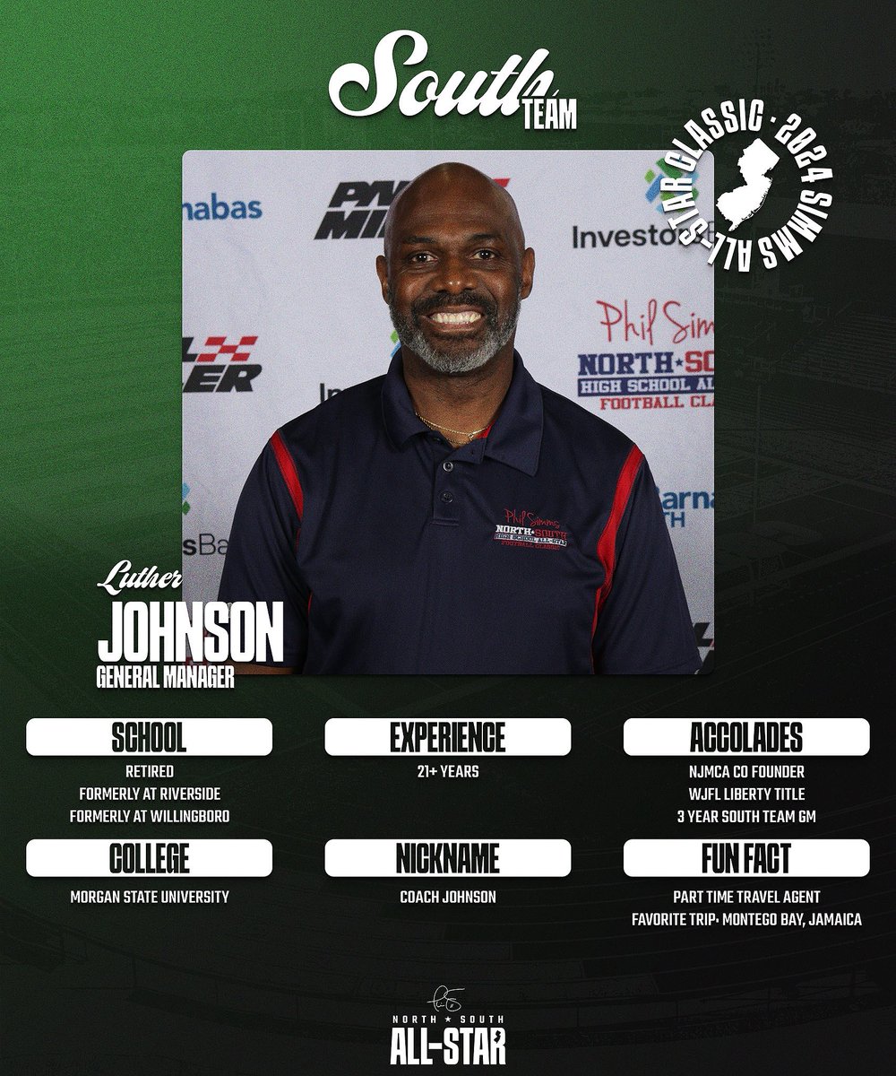 Meet the team: First up we have Coach Johnson, GM of the South Team who brings over 21 years of experience to the table and is on his third year as General Manager. Johnson’s goal is to help as players get into college and has been doing so through College Gridiron Experience!