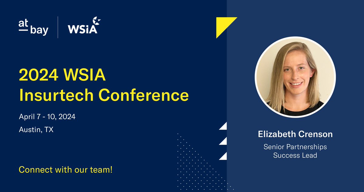 🚀 Off to #WSIAInsurtech in Austin, TX, April 7-10? We'll be there too! Come meet At-Bay’s Senior Partnership Success Lead, Elizabeth Crenson, & discover how At-Bay can easily integrate with your digital platform. 📧 elizabeth.crenson@at-bay.com wsia.org/wcm/Events/Eve…