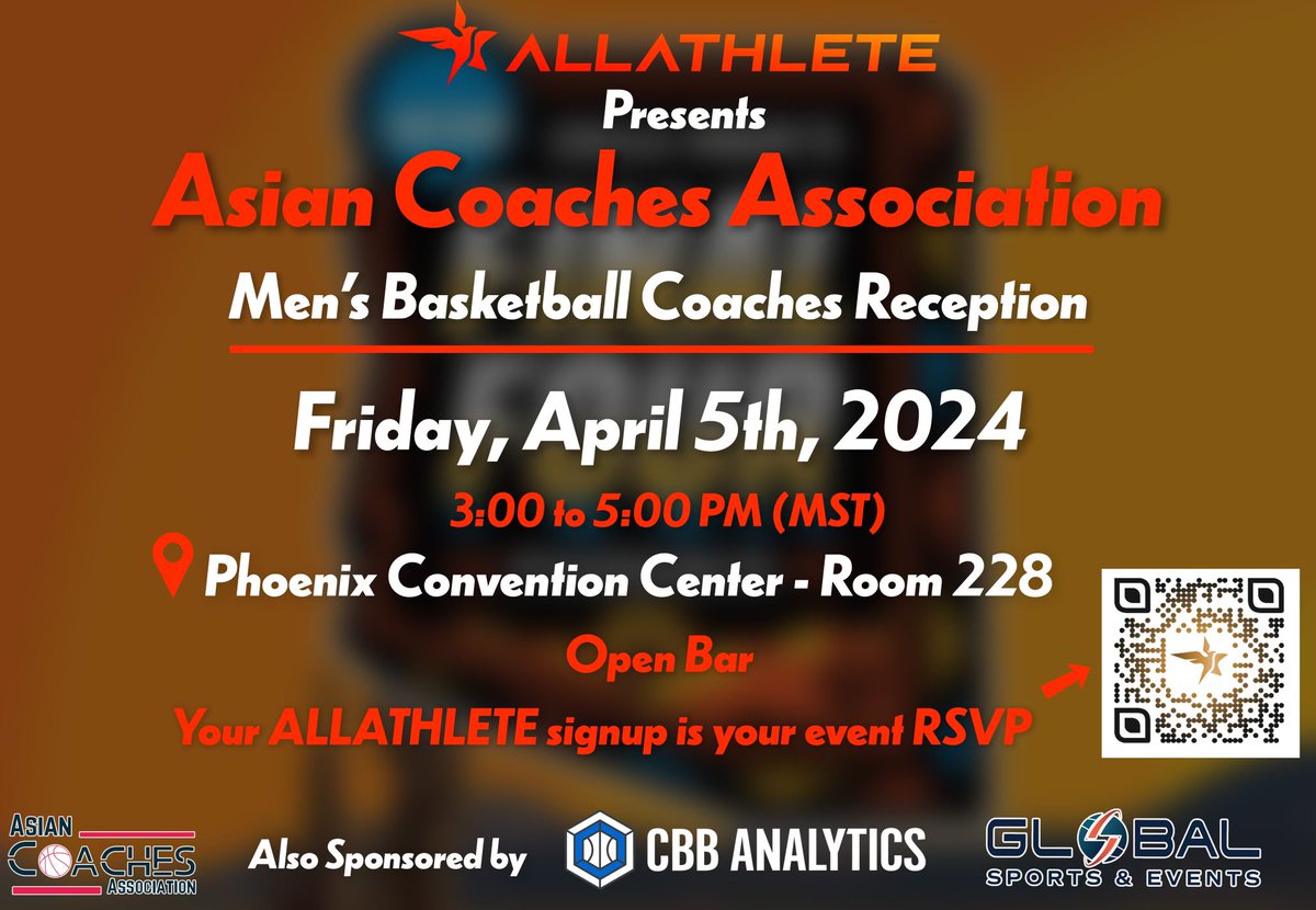 Today, 3pm! Looking forward to reconnecting with & supporting the @AllAthleteInc Asian Coaches Association Event. All are welcome-open bar provided by @CBBAnalytics ! Come see who will be our 2024 Global Sports Entertainment Asian Coach of the Year!! 🏆 @globalsande