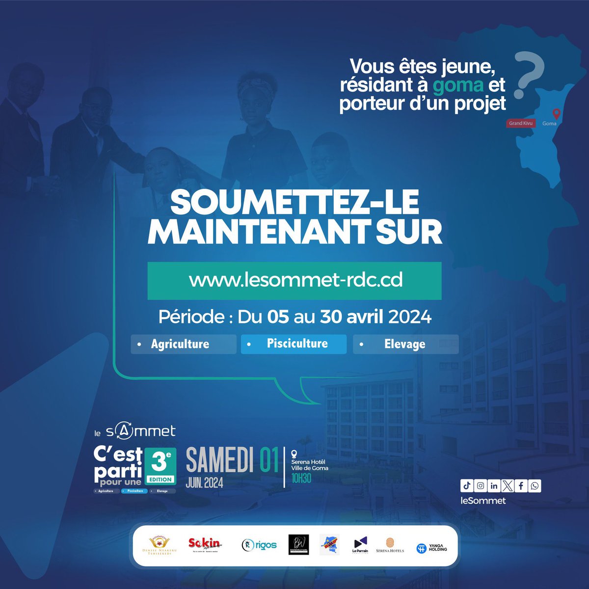 Si vous êtes un jeune résidant à Goma et que vous avez un projet, nous vous encourageons à le soumettre en visitant le site lesommet-rdc.cd. La période de soumission est ouverte du 5 au 30 avril 2024.