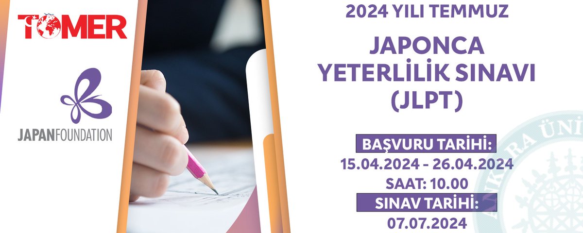 2024 JLPT Japonca Yeterlilik Sınavı başvuruları başlıyor. Sınav tarihi: 7 Temmuz 2024, Pazar Başvuru tarihi: 15 Nisan 2024, 10.00 – 26 Nisan 2024, 23.59 Detaylı bilgi: toibs.ankara.edu.tr/jlpt/main.aspx (Bu sayfa 15 Nisan'dan itibaren açılacaktır.) Sorularınız için: jlpt@ankara.edu.tr