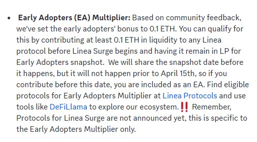 For those asking, April 15 isn't the exact snapshot date But you should deposit before it to be safe The Linea surge campaign will be based on specific protocols, not just LP anywhere 😕 I suspect it'll be like Voyage with tasks like LP in *x* protocol for *y* days