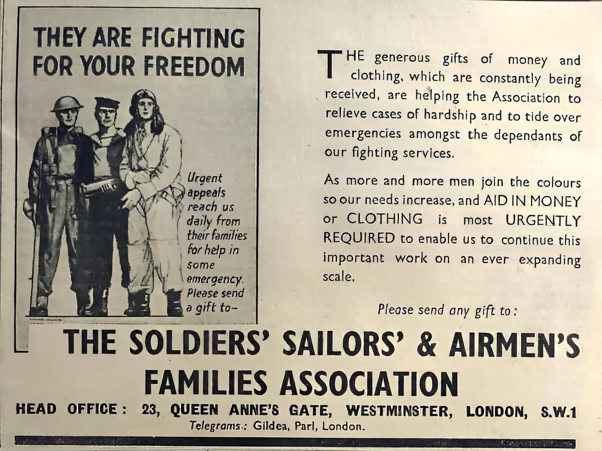 'They are fighting for your freedom.' #ThrowbackThursday to a @SSAFA newspaper advert in 1941 during #WW2, appealing for gifts of money and clothing. If you're a veteran or serving family in need of help today, please contact our Forcesline team on freephone 0800 260 6767.