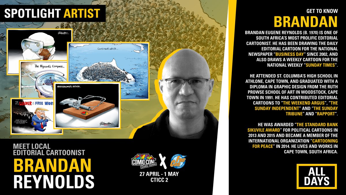 Guest announcement! The legendary editorial cartoonist <a href="/brandanrey/">Brandan Reynolds</a> is coming to @ComicConCapeTown
We're thrilled to have Brandan join us, known for his sharp takes &amp; hilarious illustrations in Business Day &amp; Sunday Times. Don't miss your chance to meet him 27 Apr - 1 May CTICC2!