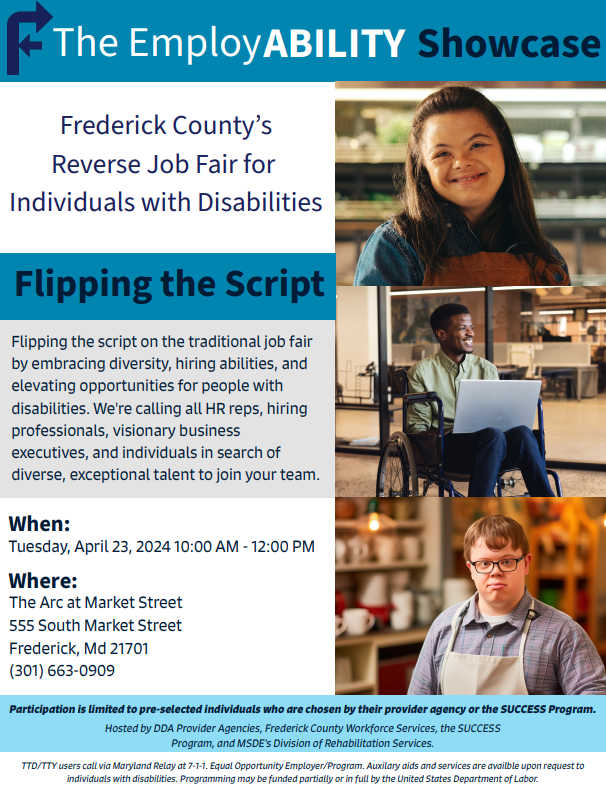 #FrederickMD Businesses... The EmployABILITY Showcase connects talented job seekers with businesses and their opportunities. Stop in on April 23rd (10a-12p) at the The Arc at Market St in Frederick to meet your next new hire!
