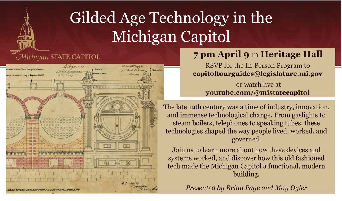 #mistatecapitol has witnessed over 140 years of technological changes. Join us tomorrow night in Heritage Hall to lean about the stylish, fascinating, tech of the late 19th century! RSVP to capitoltourguides@legislature.mi.govto attend or watch at youtube.com/@mistatecapitol