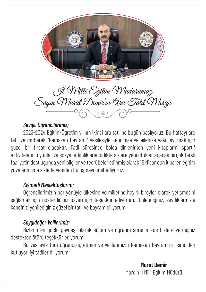 İl Milli Eğitim Müdürümüz Sayın Murat Demir’in 2023-2024 Eğitim Öğretim Yılı İkinci Yarıyıl Ara Tatil Mesajı @tcmeb @Yusuf__Tekin @tuncay_akkoyun @Murat69_Demir