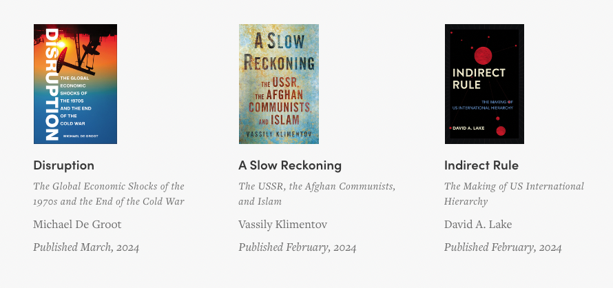 To celebrate #ISA2024, we're offering three recent books as #FreeReads for a full month. Featuring DISRUPTION by @MichaelDeGroot1, A SLOW RECKONING by @VKlimentov, and INDIRECT RULE by David A. Lake. @isanet #CornellUniversityPress Start reading now: ow.ly/VjB050R9yha