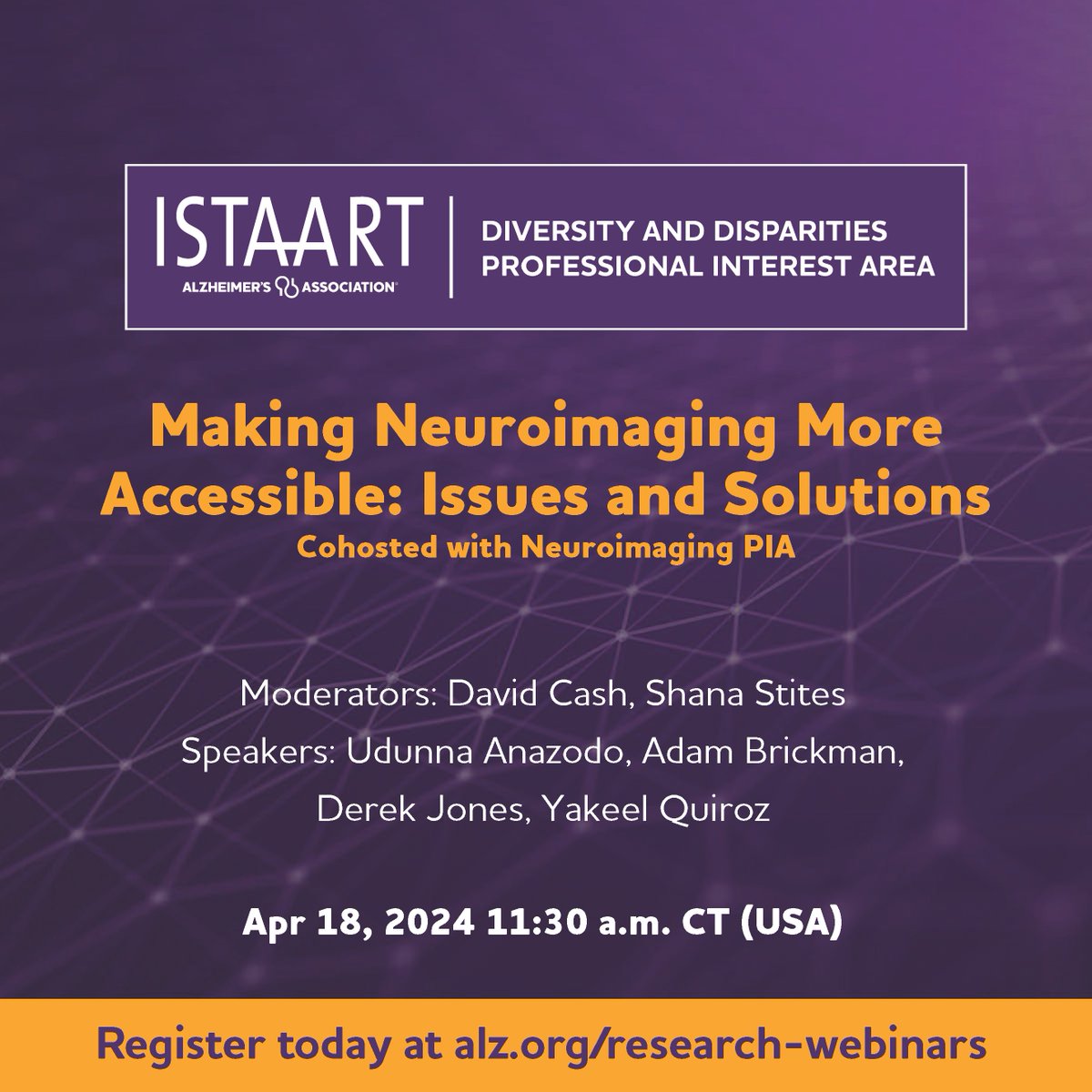 The next @ISTAART #NeuroimaingPIA and #DiversityPIA webinar on April 18th will focus on ways to make neuroimaging more accessible and facilitate equal health policies - join the discussion: 🗓️Date: April 18th 11.30 a.m. CT / 6.30 PM CET 💻Register: alz-org.zoom.us/webinar/regist…