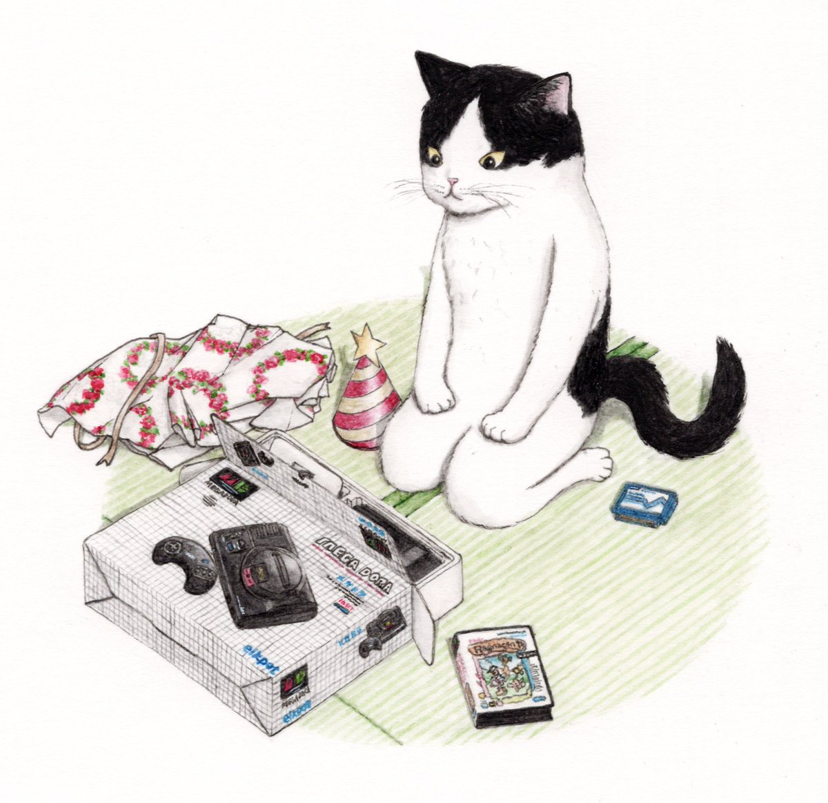 white background sitting no humans animal traditional media cat controller  illustration images