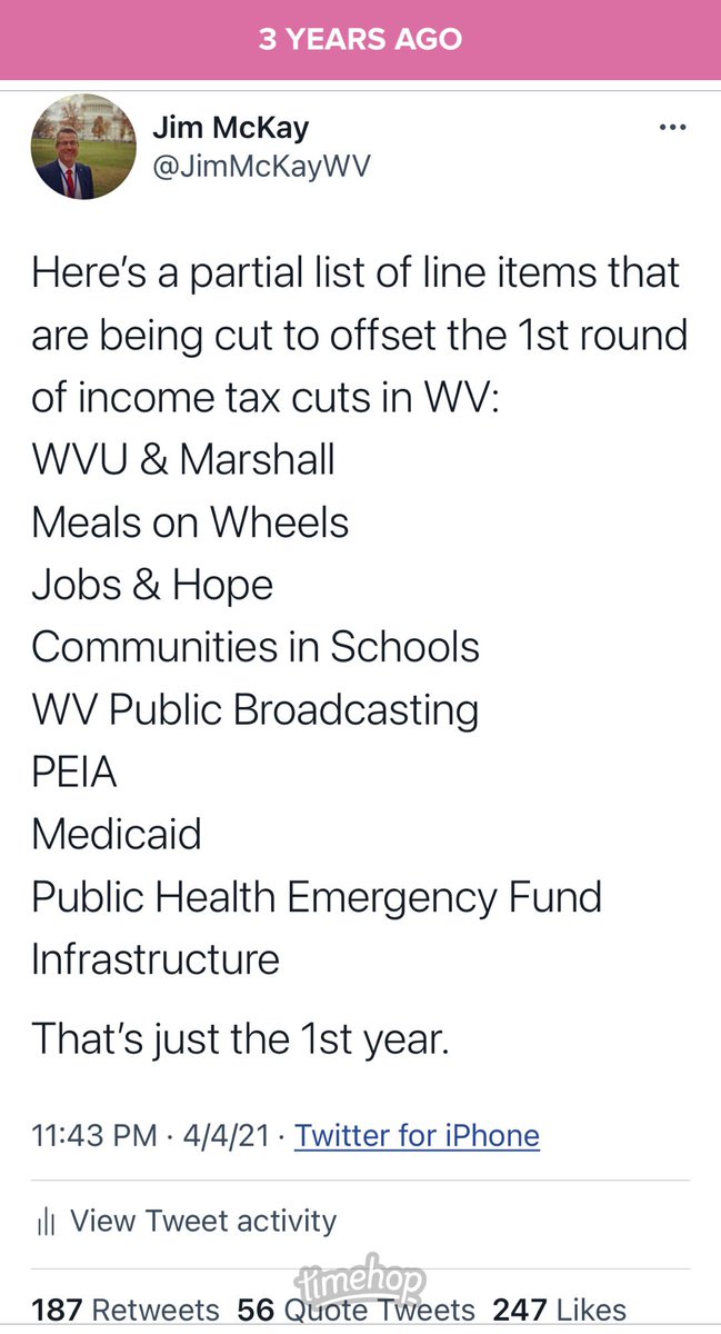 3 years ago many of us cautioned proposed tax cuts would lead to reductions in funding for critical programs including higher education, PEIA and Medicaid? Supporters of the tax cut called us alarmists. 

But guess which programs are cut in this year’s budget?

#Timehop #WVLegis