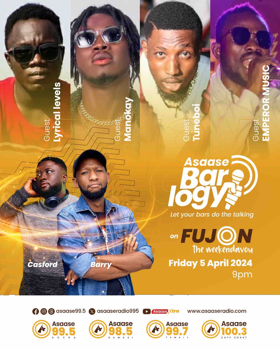 asaaseradio995's tweet photo. #Barlogy returns to your airwaves tonight at 9 PM, featuring 4 of the most electrifying rappers eager to showcase their skills. Immerse yourself in the live experience exclusively on #AsaaseRadio as they lay down their bars for your pleasure
#AsaaseXtra | #Fujon | #AsaaseBarlogy https://t.co/mAaWnw2B27