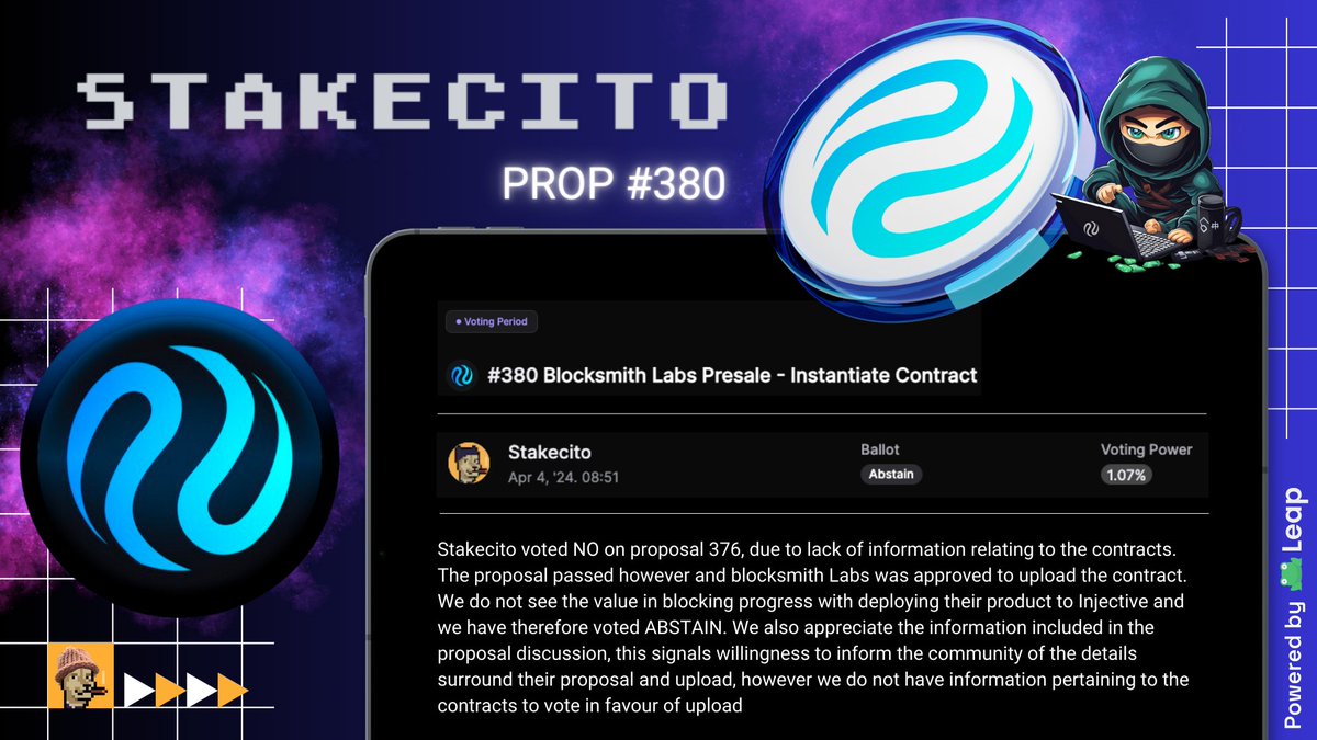 stakecito's tweet photo. $INJ 🥷 Prop #380:
Blocksmith Labs Presale - Instantiate Contract
Stakecito votes NO 🚫
(Reason in the image!)
#VoteCito