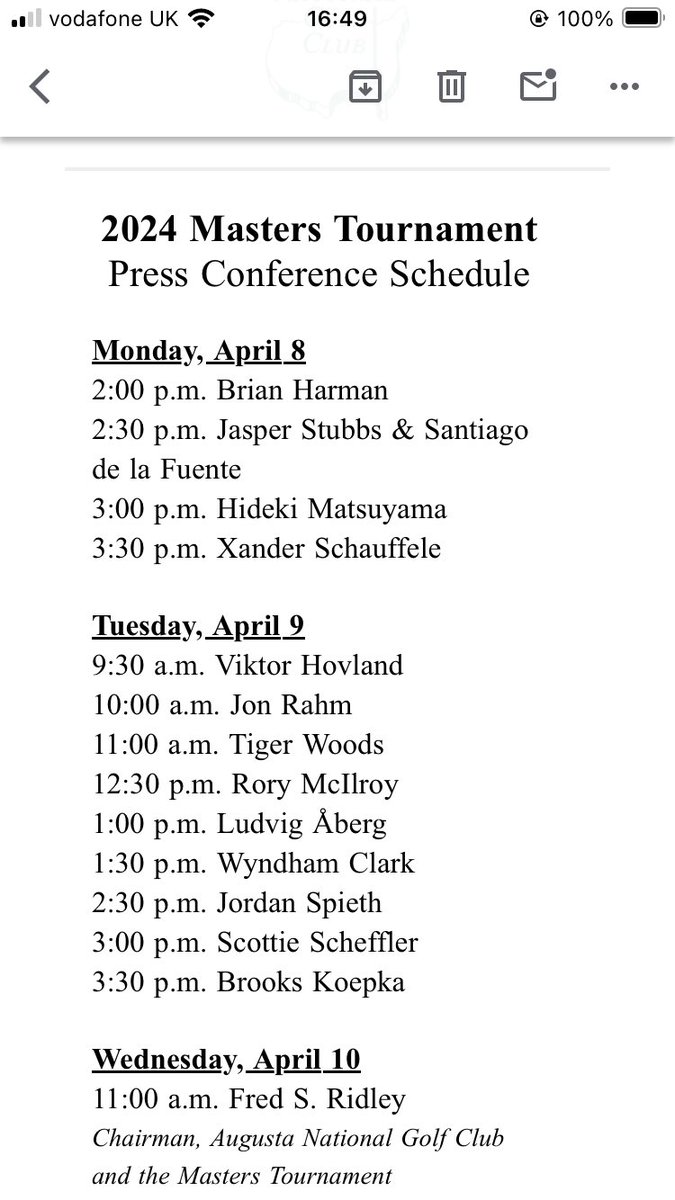 Tiger Woods confirmed on the interview schedule at ⁦⁦@TheMasters⁩