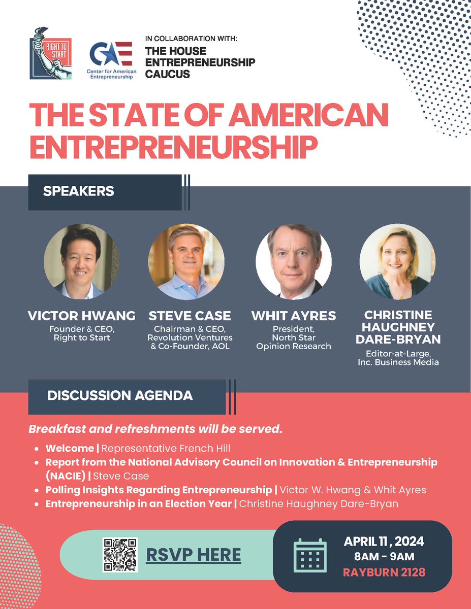 On April 11, the House Entrepreneurship Caucus will be hosting an event with @RighttoStart and @startupsUSAorg regarding the state of American entrepreneurship. I hope to see you there!