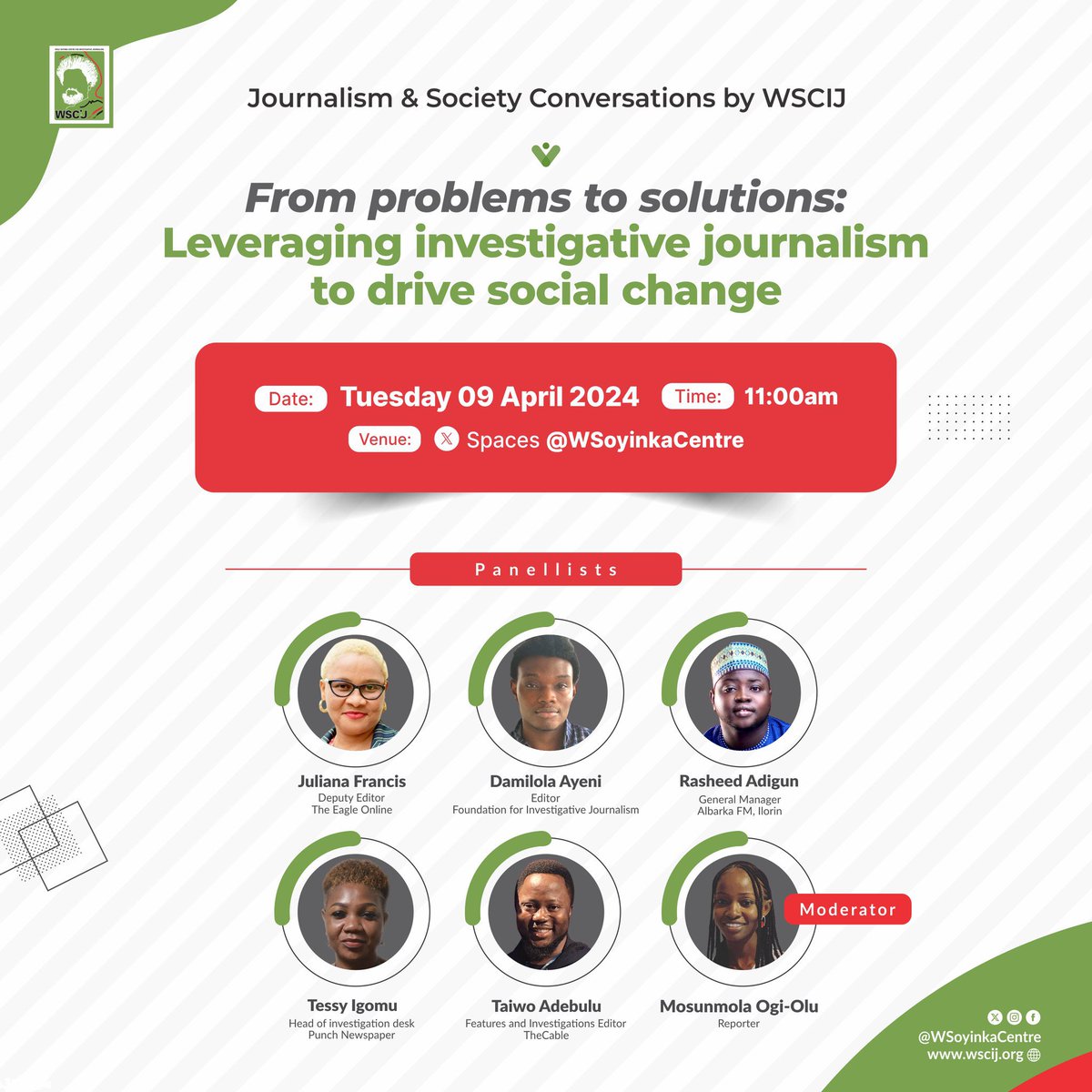 Plan to attend the #WSCIJConversationsseries of @WSoyinkaCentre as experienced panellists discuss the power of investigative journalism to ignite societal change. Be a part of the conversation Click👉 bit.ly/4aGNrl6to join twitter.com/messages/media…