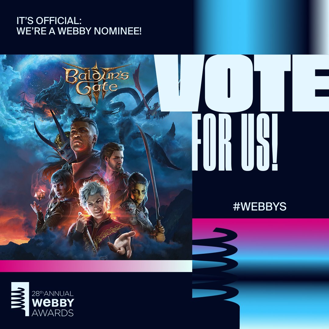 Baldur's Gate 3 has been nominated in the @TheWebbyAwards, but we need your support to win! Vote now for Best Game Design: larian.club/BestGameDesign Vote now for Independent Creator: larian.club/IndependentCre…
