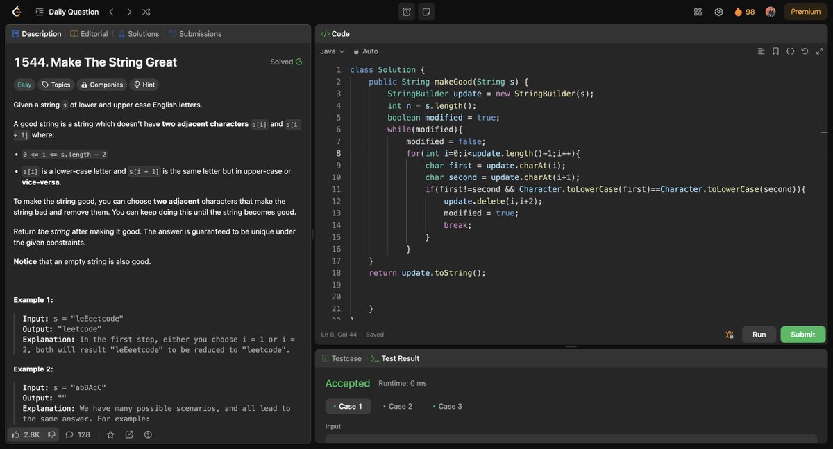 ujjwalshri15013's tweet image. Leetcode - 1544. Make The String Great
The code continuously removes adjacent characters with opposite cases from a StringBuilder updated until convergence, resulting in a string without adjacent characters of opposite cases.
#leetcode #codingQuestion