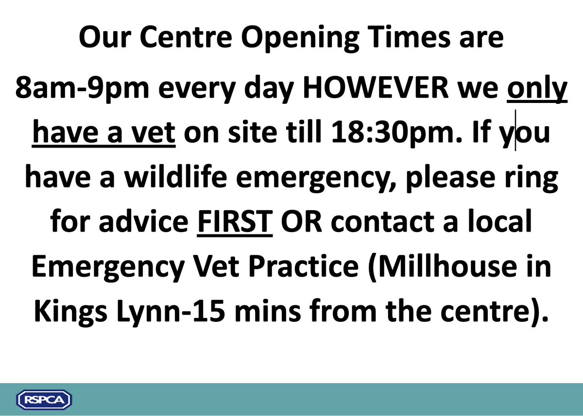 The centre is having a small change, we are open for admissions till 9pm. We have a vet on site till 6:30pm.Please aim to bring wildlife by then. If you bring wildlife past that time call the centre first as depending on the situation we may be able to admit or redirect you.