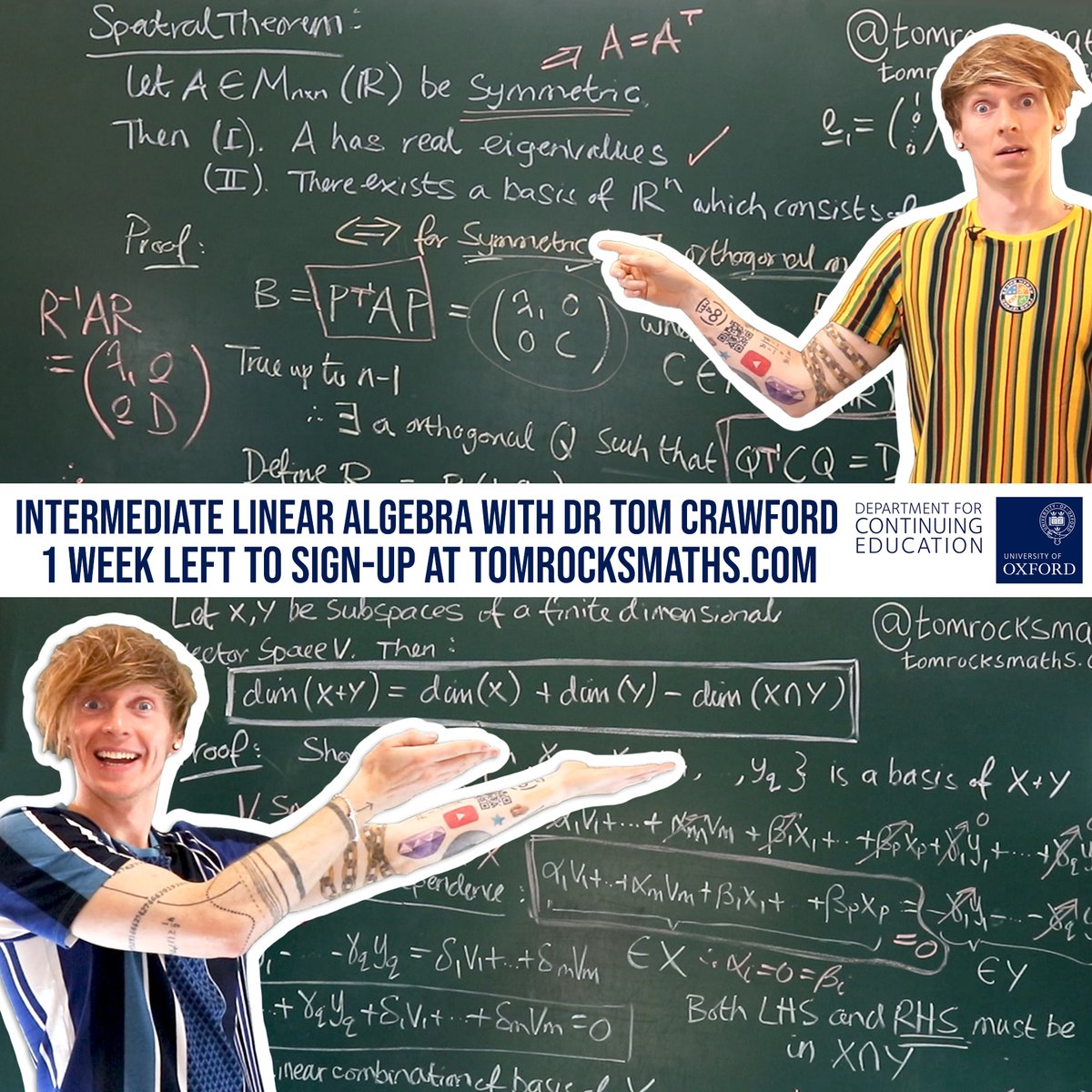 ONLY 1 WEEK LEFT to sign-up for my first ever online course with @UniofOxford. We'll cover all things Linear Algebra, taking the best bits from my undergraduate tutorials. Perfect for anyone wanting a refresher or a taste of university maths. Sign-up here: conted.ox.ac.uk/courses/interm…