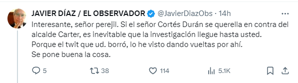 Michatleboss's tweet photo. @JavierDiazObs @FSaenzT @ame__tori "Es inevitable que la investigación llegue hasta usted"

Es verdad, pero es muy difícil que la fiscalía de Durán le interese saber el origen de la cuenta

Para ser abogado estimado Javier, deja bastante que desear, pero bueno, estuve leyendo un poco y nada interesante sobre usted https://t.co/3ReJj0Bd5H