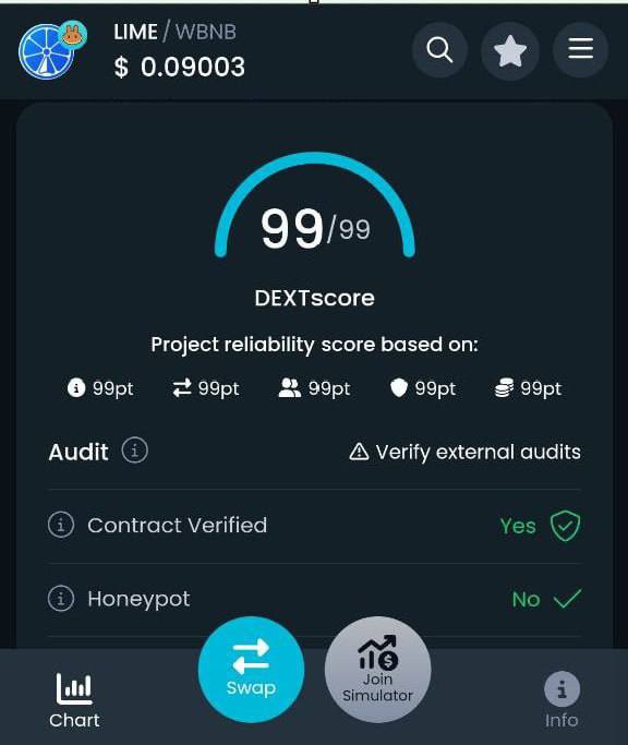 Thank you, our old partner 🤝 @DEXToolsApp for updating the rating for 🍋LIME token, considering smart contract audits, trading activity, liquidity levels, and more, including 4 automatic periodic checks, boosting it to maximum 99%! 📈 #cryptocurrency #DexTools #LIME
