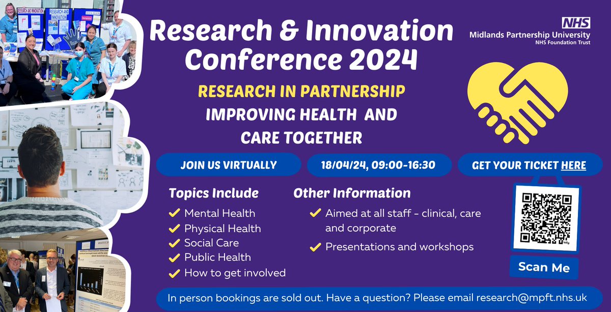Join us online for the #MPFTResearch & Innovation Conference! We're thrilled to announce the day will be live-streamed. Dive into the theme 'Research in Partnership: Improving Health & Care Together'. Sign up for your ticket here: bit.ly/MPFT-RIConfere… #MPFT #HealthResearch