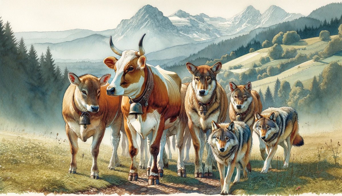 PhilippineSurer's tweet photo. I had to present the concept of one of my PhD chapter today on wolves and cattle interactions, and I asked Chat GPT to design an image for the first slide - needless to say that things got a bit out of control… 🤪 #phdlife #wolvesandcattle #ChatGPT https://t.co/KwzF7AwtGI
