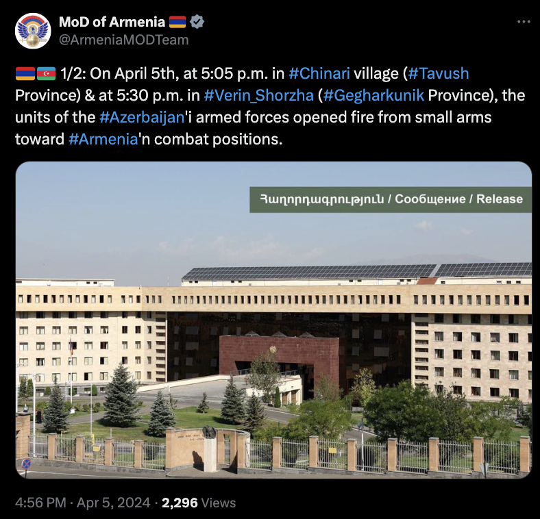LindseySnell's tweet photo. Azerbaijani forces opened fire on Armenian positions in Tavush and Gegharkunik. AZ blamed Armenia. Unsurprising, and again, part of AZ's well-established, pre-attack pattern.

If only all those US/EU promises of support would translate to action against AZ's aggressions. https://t.co/hze8IK9mZa