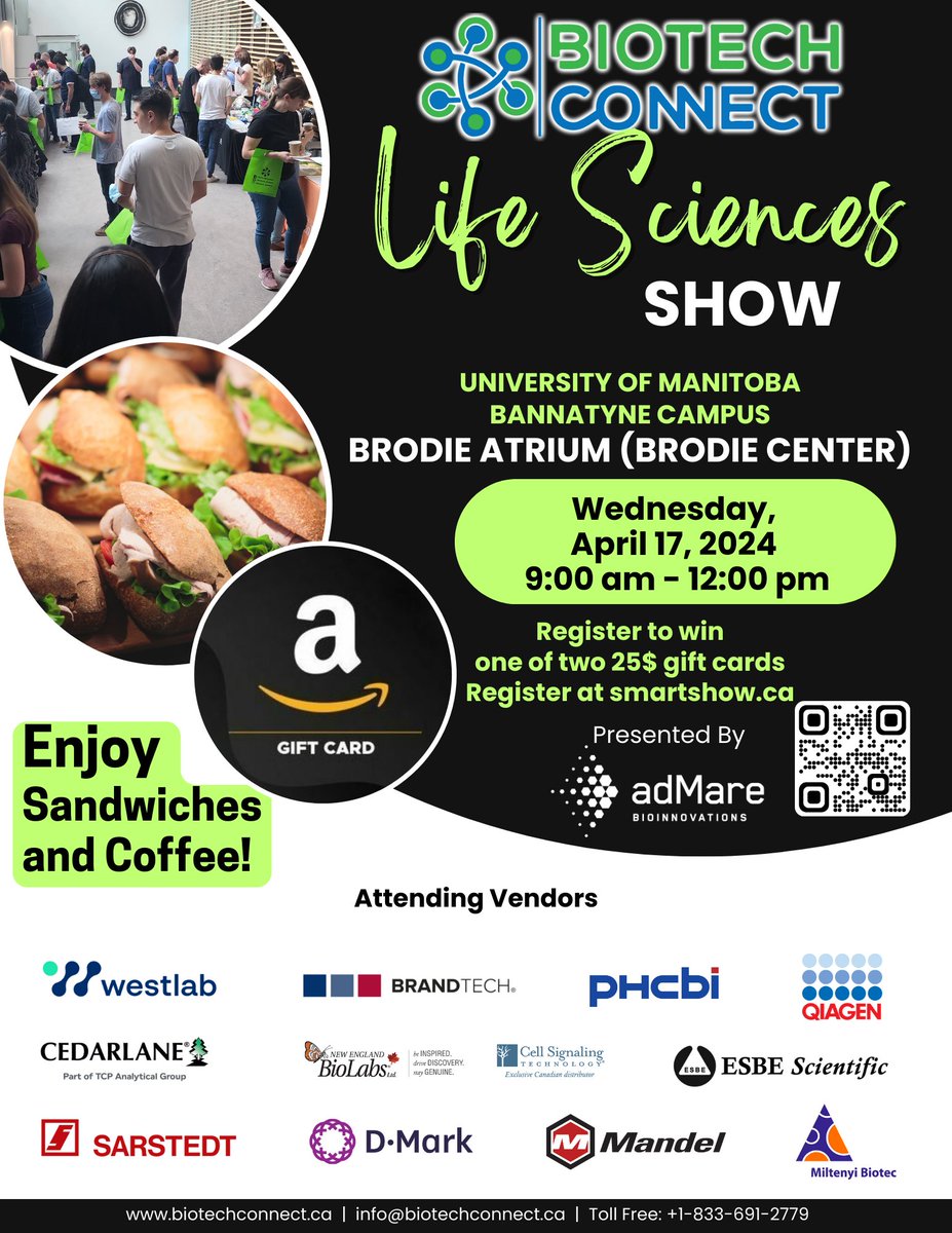 Biotech Connect invites you to its Life Sciences Exhibition 🧪Discover new innovations that can help you in the lab 🤝Meet your local sales specialist ☕️Snacks & coffee! 🎁$25 gift card to win Visit SmartShow.ca to register now April 17, 9am-12pm in Brodie Atrium