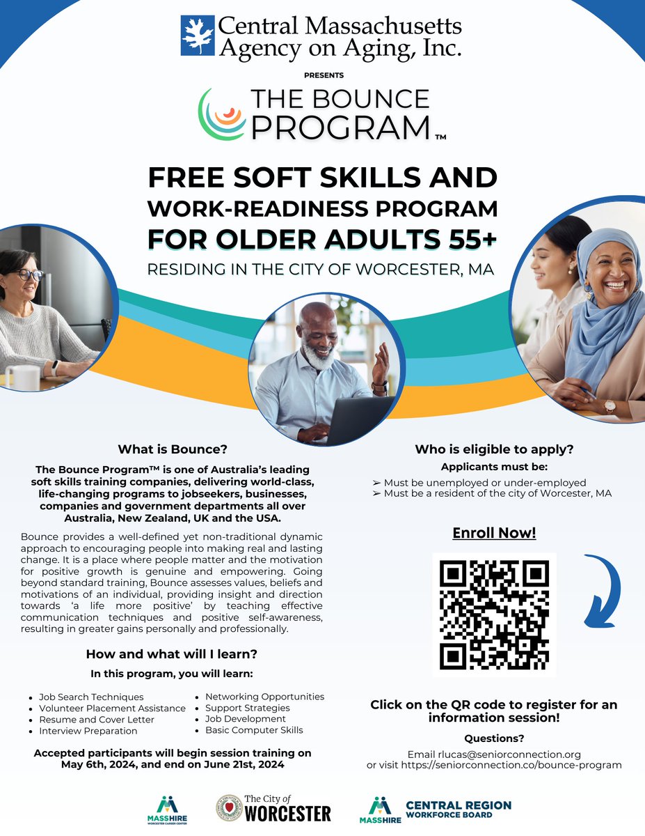 MASrConnection's tweet image. CMAA is offering the Bounce program Soft Skills and Work-Readiness training as a 20-hour course for older adults 55+ FREE, May through June of 2024 ✏️

Click the link below for more information!

seniorconnection.co/bounce-program 

#aging #AgingWellTogether #worktraining