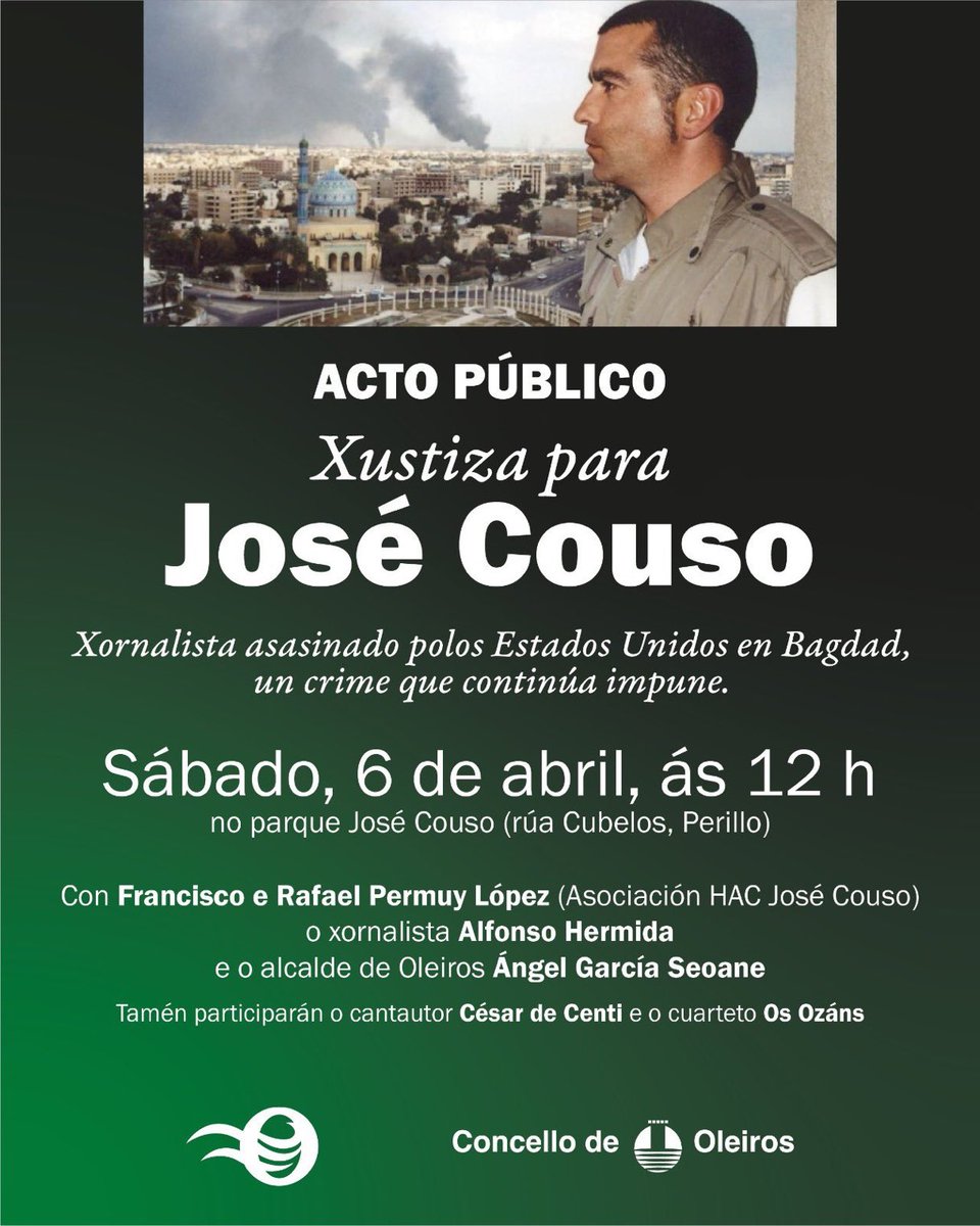Oleiros, Coruña, sábado 6 de abril: acto público “Justicia para José Couso”.