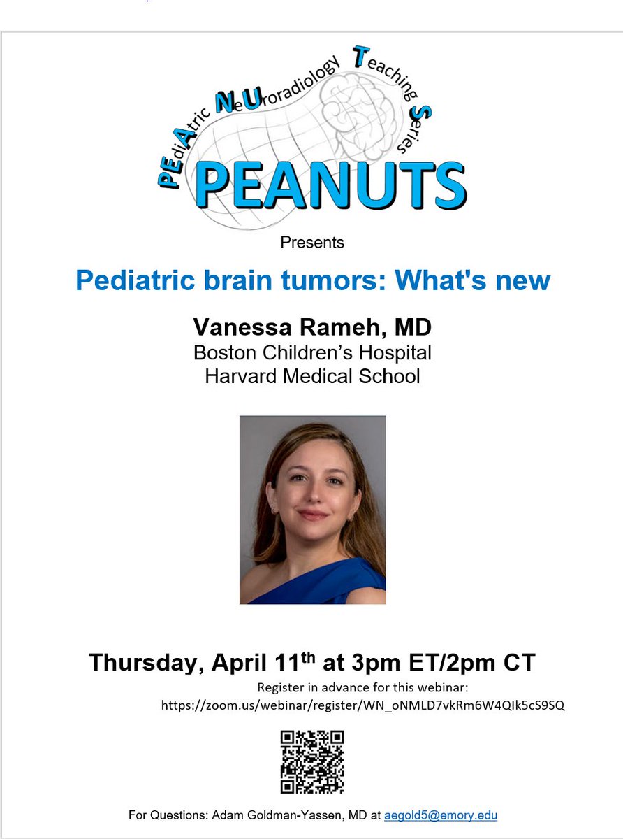Join us on 4/11 at 3PM Eastern Time for the monthly PEdiAtric NeUroradiology Teaching Series (PEANUTS) lecture: 'Pediatric brain tumors: What's new' Vanessa Rameh, MD @BostonChildrens @harvardmed Register in advance for this webinar: zoom.us/webinar/regist…
